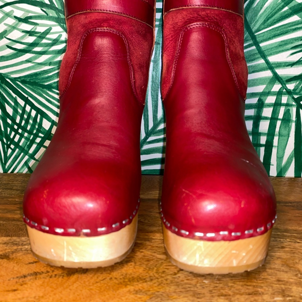Sweedish Hasbeens Red Leather Shearling Wood Platform Ankle Boots Women’s 39/9 - Picture 3 of 13